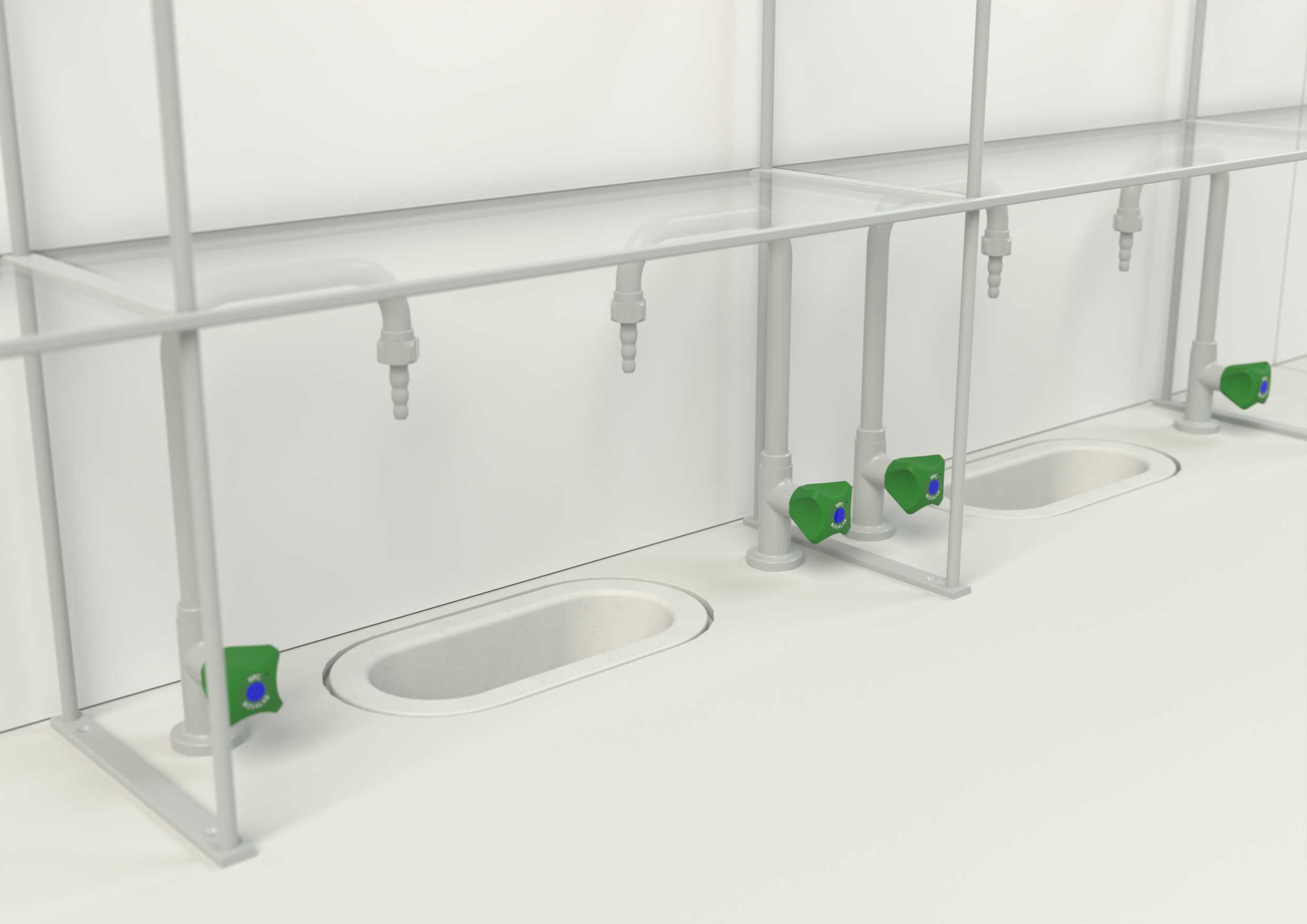 Ontwerpweergave van een laboratoriumtafel met NOVALAB armaturen