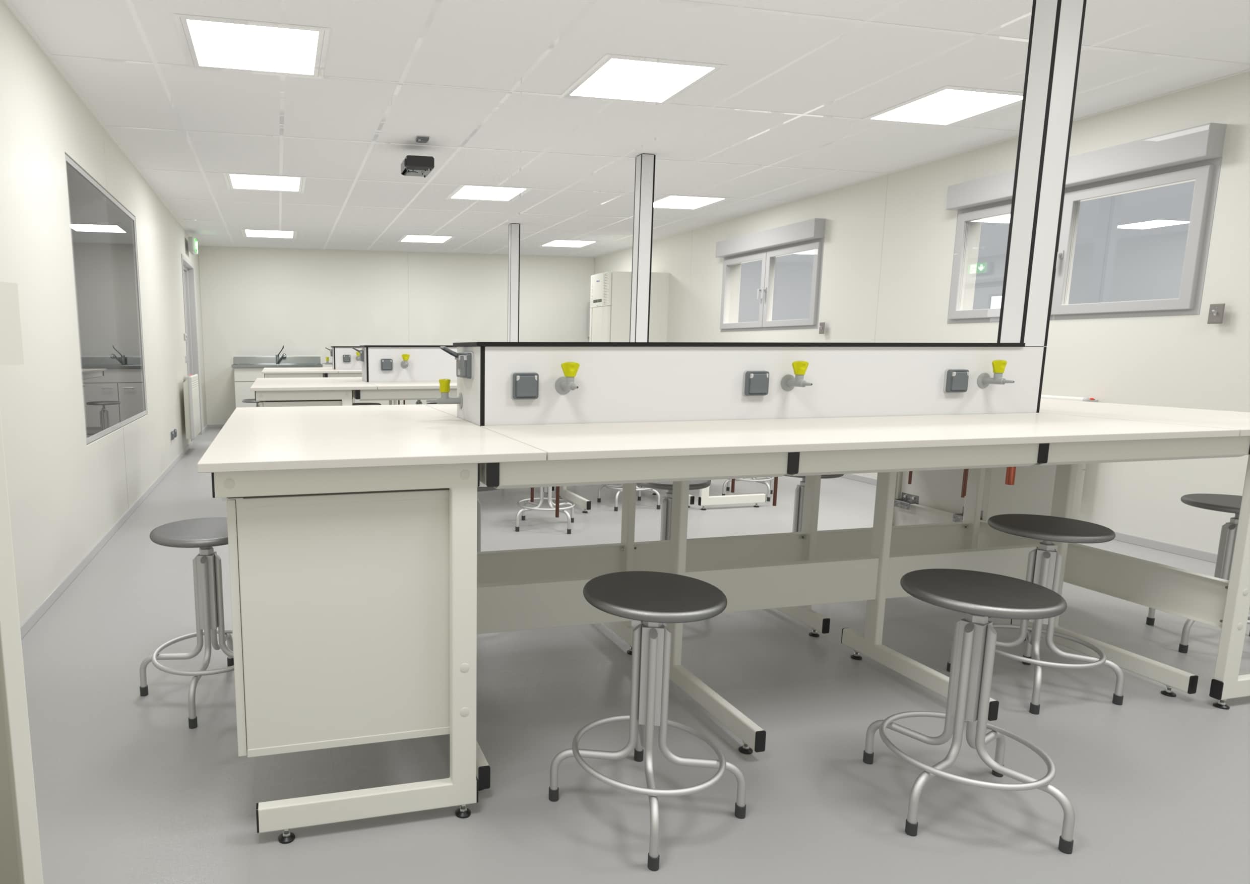 Ontwerptekening van een laboratoriumopstelling met NOVALAB armaturen